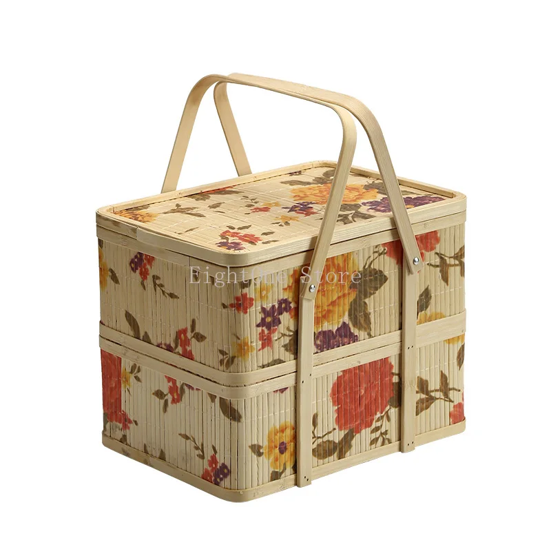 

Vintage Bamboo Woven Printing Gift Basket Festive Bamboo Basket New Year's Goods Pastry Fruit Zongzi Moon Cake Packaging Box