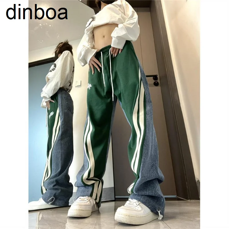 

Джинсовые контрастные брюки на шнуровке, прямые повседневные женские брюки в американском стиле, модные простые свободные брюки в стиле хи...