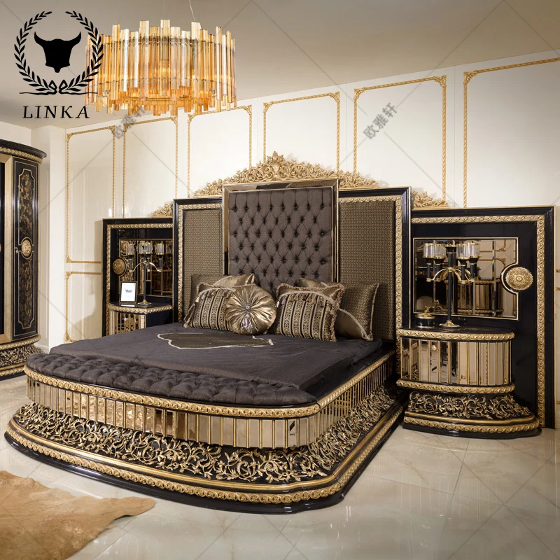 

Custom Made High-end European Neo Classical Hand Carved Solid Wood Glass Mirror Double Cloth King 1.8M Bed Luxurious Court