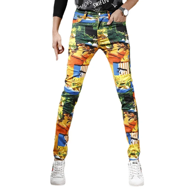 Men Digital Printing Jeans Mens Casual Pants Ancient Desert City Printed Cotton Slim Fit Straight Denim Trousers