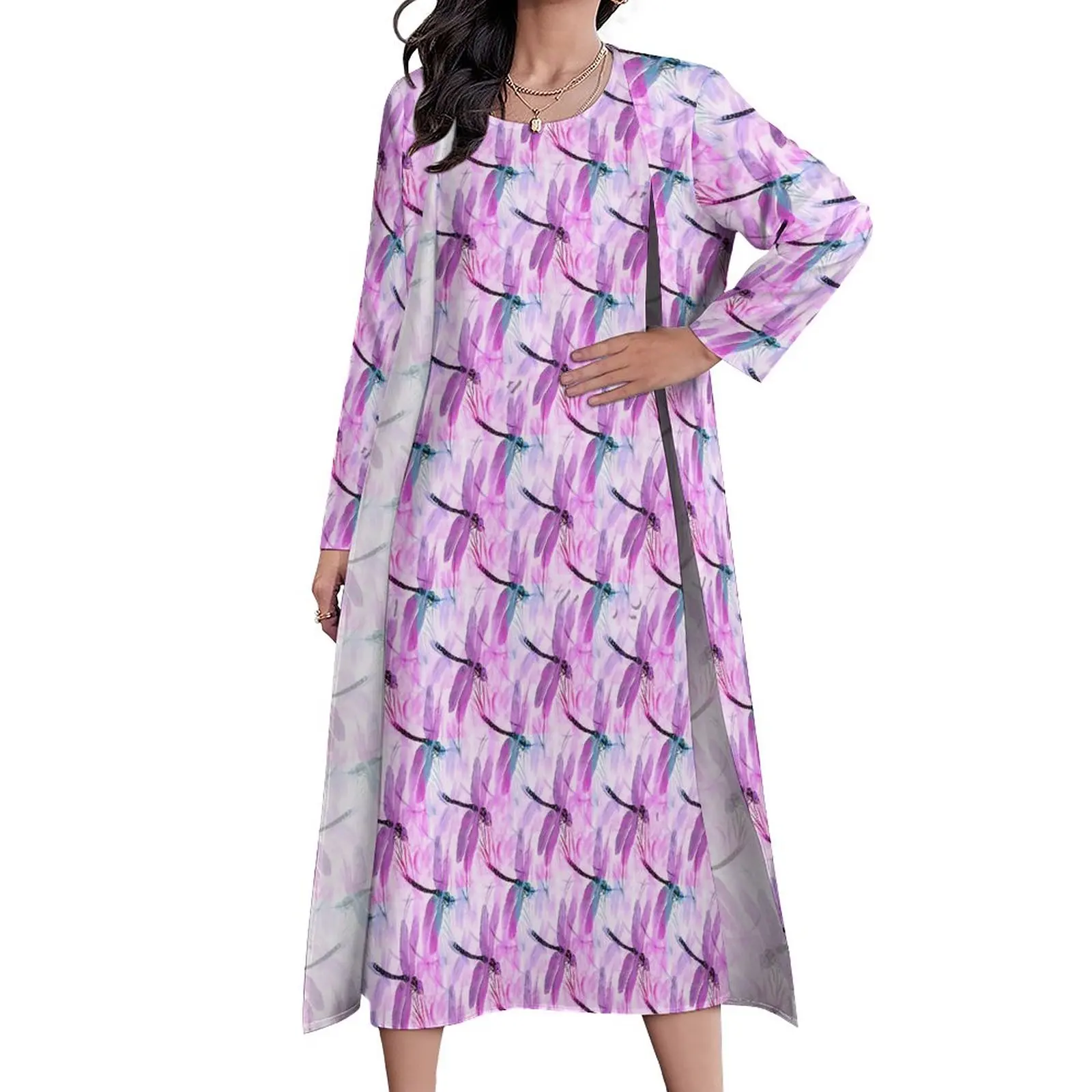 

Pink Dragonfly Dress Cute Animal Print Elegant Maxi Dress Street Fashion Bohemia Long Dresses Female Two Piece Oversize Vestidos