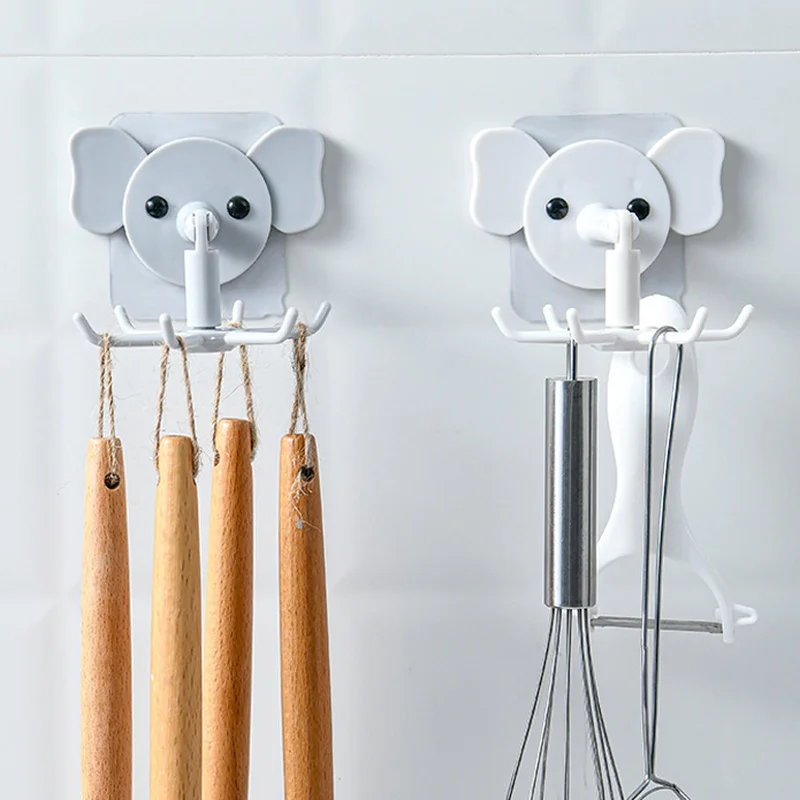 

360° Rotating Elephant Sticky Hook Multi-function 6 Hook Tableware Storage Spoon Rack Storage Rack Cabinet Sticky Hook