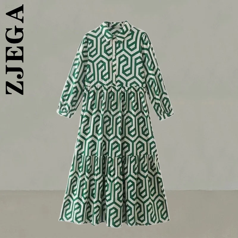 

Zjega Women New Dress Vintage Geometric Print Pleats Pleats Ruffles A Line Slim Midi Shirt Dress All-Match Outfits Female Dress