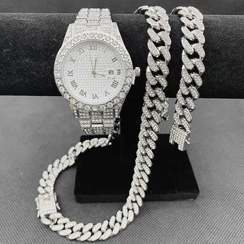 3PCS Jewelry for Mens Women Iced Out Watch Necklace Bracelet Bling Bling Miama Cuban Chain Choker Jewelry for Man Gold Watch Set Other Image