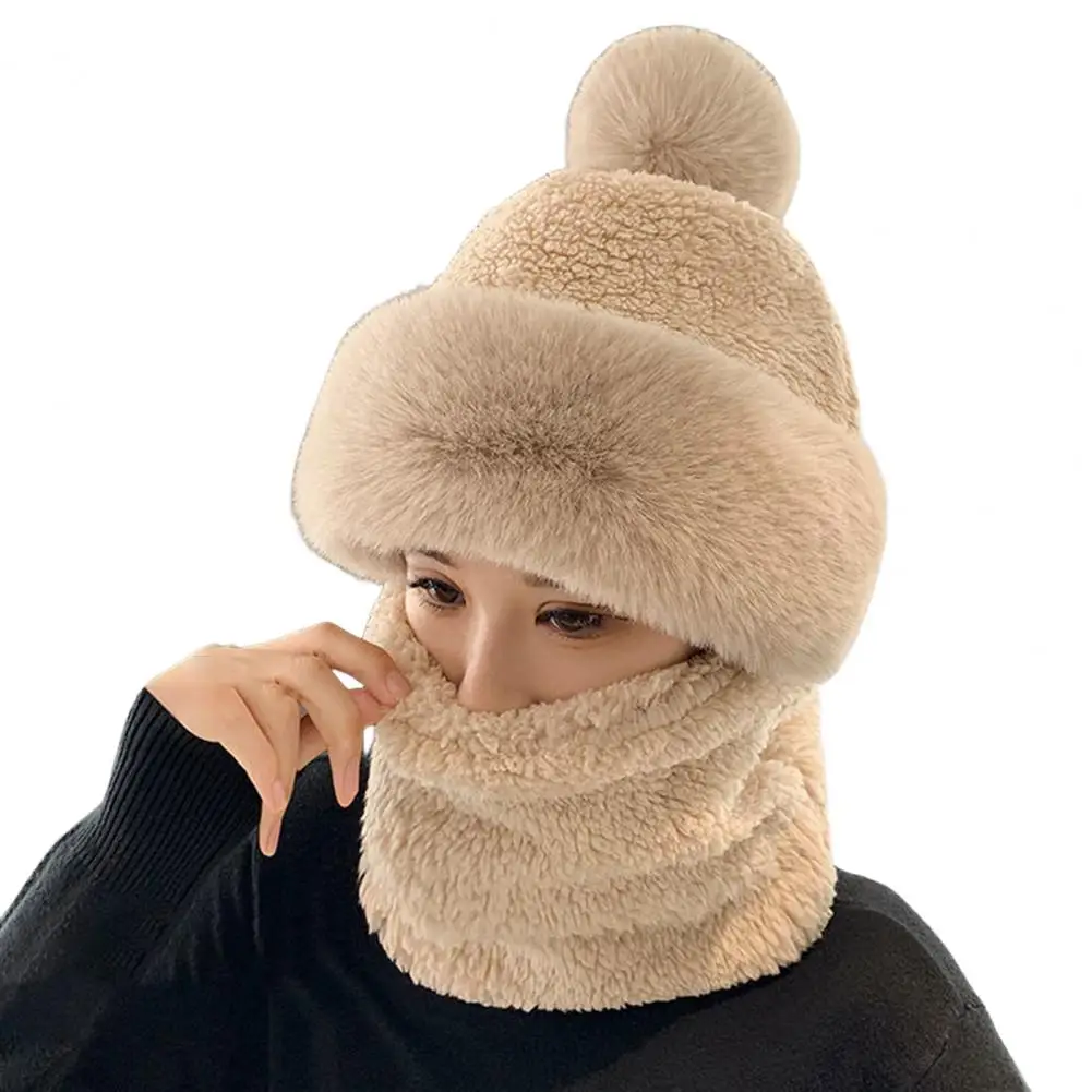 

Winter Outdoor Knit Hat Women Wool Knitted Hat Ski Hat Sets Plush Fleece Windproof Thick Scarf Collar Warm Pullovers Masked Hats