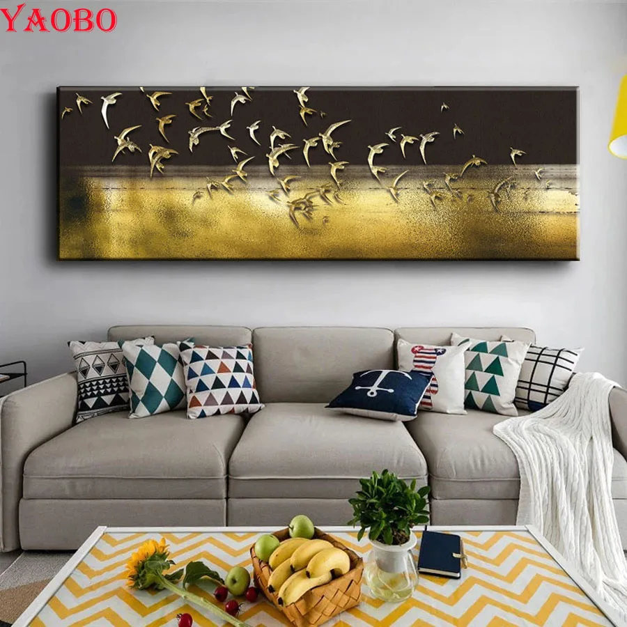 

Алмазная живопись 5D «сделай сам», абстрактный пейзаж, золотые птицы, вышивка крестиком, полноразмерная круглая вышивка, домашний декор