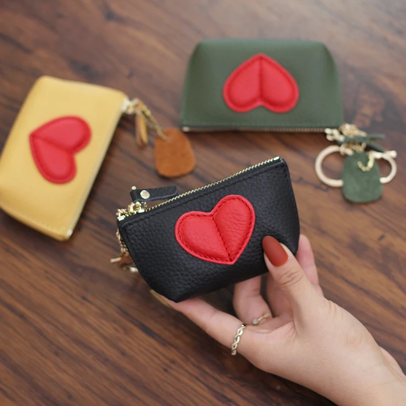 Ladies Wallet Luxury Design Card Holder Soft Solid Mini Coin Purse Genuine Leather 2023 Summer New Heart Zip Card Holder Small