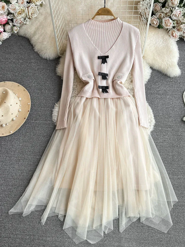 

Women Autumn Vestidos Long Sleeved Standing Neck Knitted Stitching A-line Mesh Dress Two-piece V-neck Vest Jacket D5139