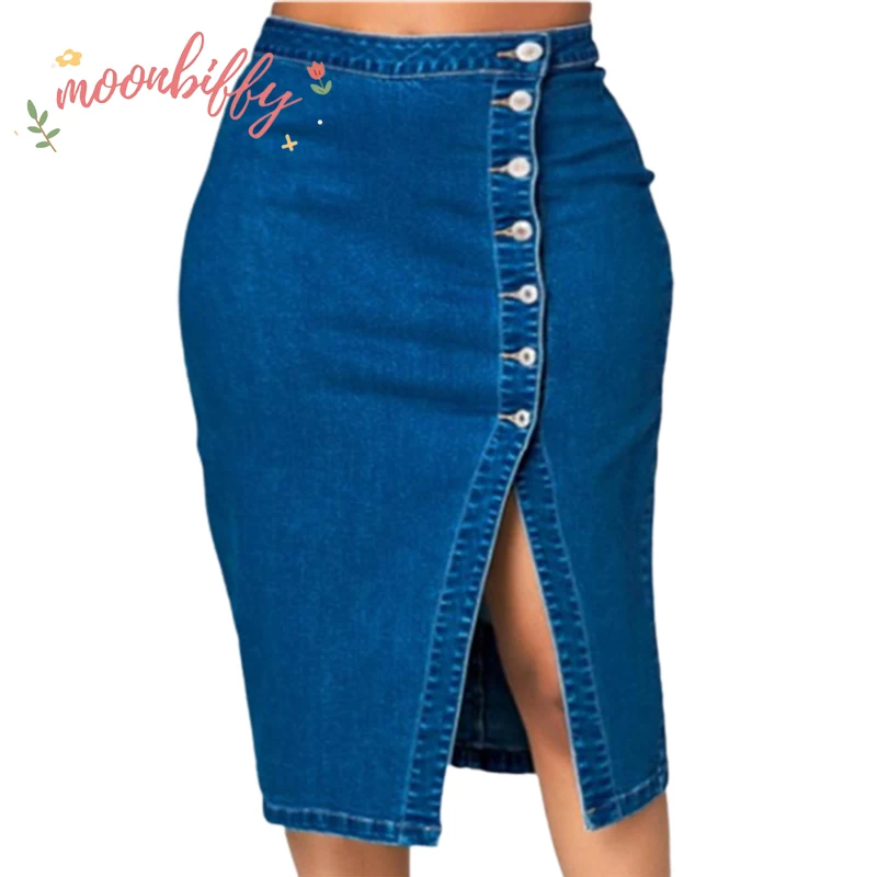 Модная однобортная комбинированная джинсовая юбка с открытым передом и запахом