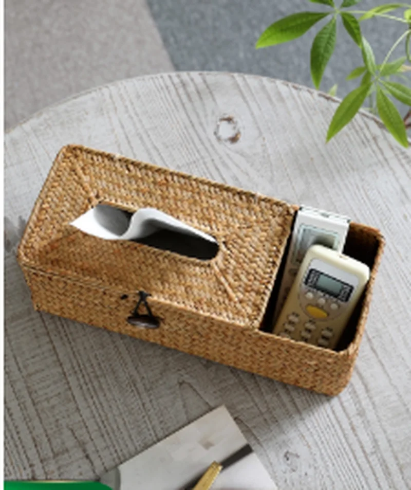 

Room Box Office Decoration Coffee Straw Living Table Multifunctional Control Remote Bedroom Box Drawer Storage Woven Home