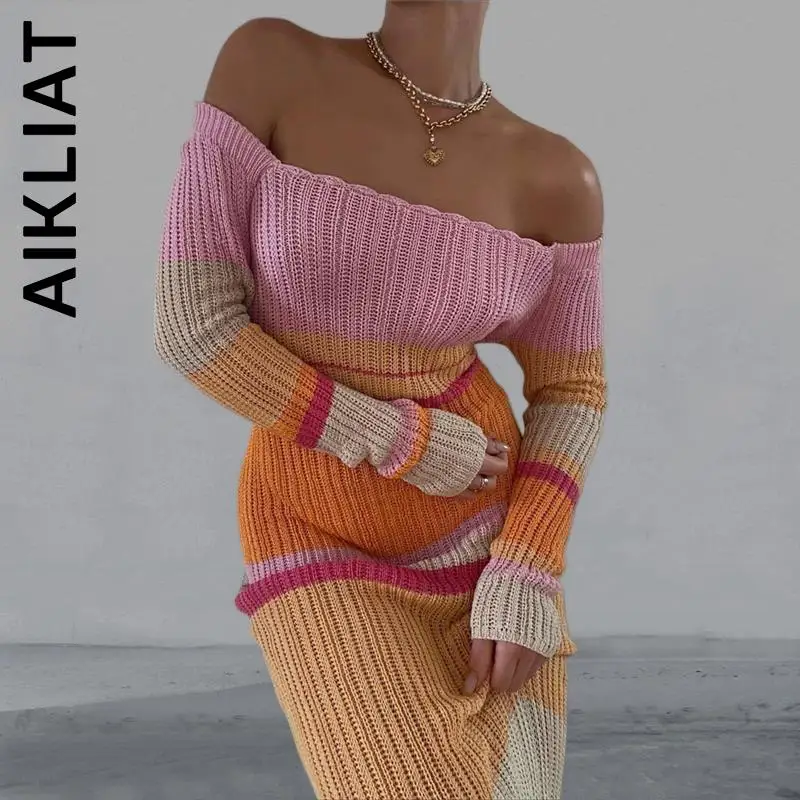 

Вязаный свитер Aikliat, новинка, женское мягкое популярное милое платье, простой пуловер, женские платья, праздничное облегающее платье, женски...