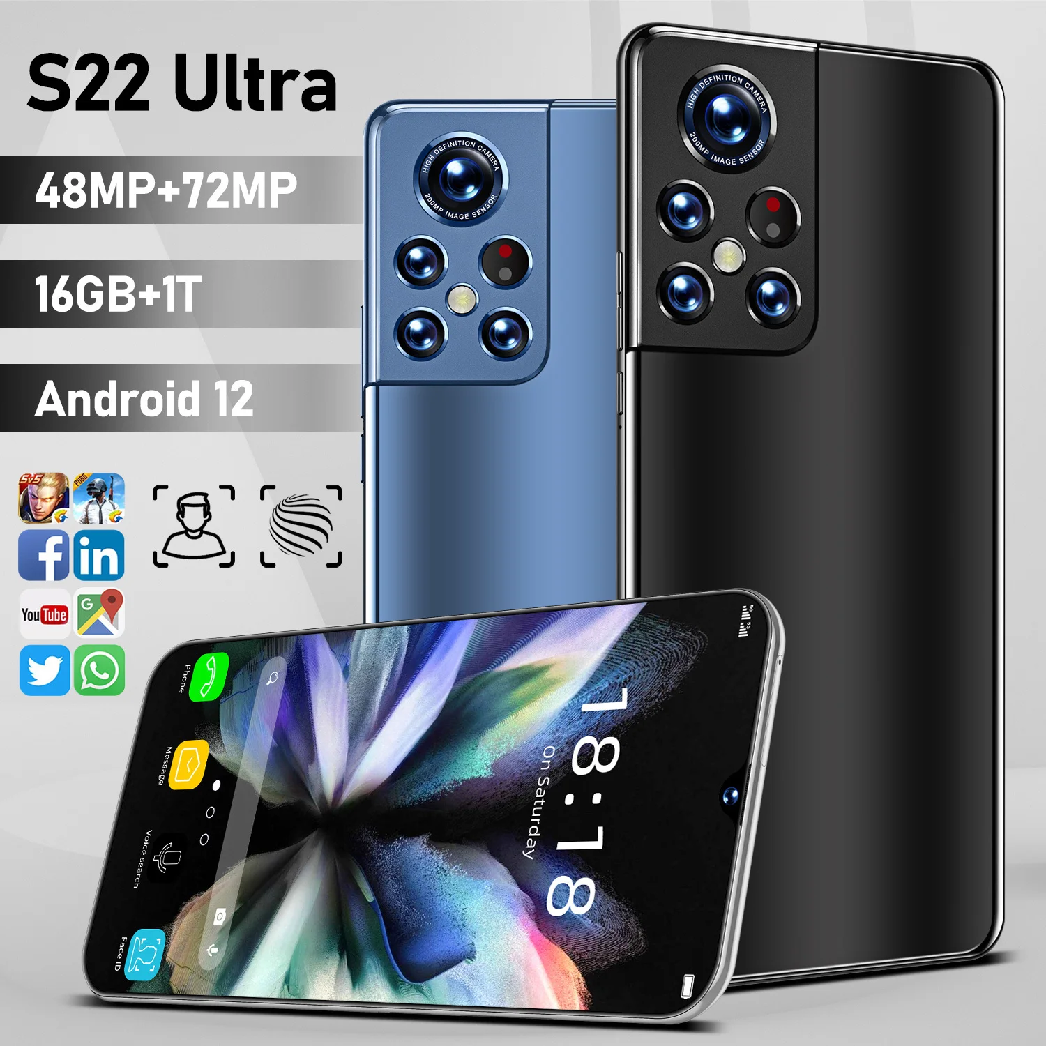 

S22 Ultra débloqué, écran de 6.93 pouces, Smartphone, mémoire de 16GB et 1TB, Android, batterie de 6800mah, 4G/5G, SIM