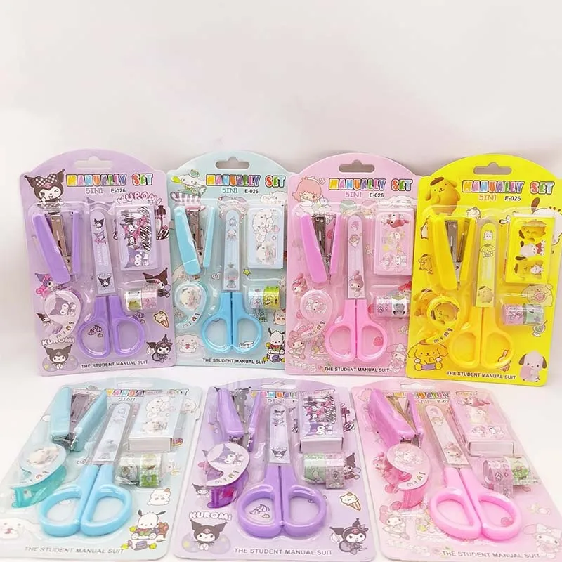 5Pcs Anime Stationery Kawaii Kuromi Cinnamoroll Cartoon Student Practical School Supplies Scissors Stapler Tape Sticker Set Gift