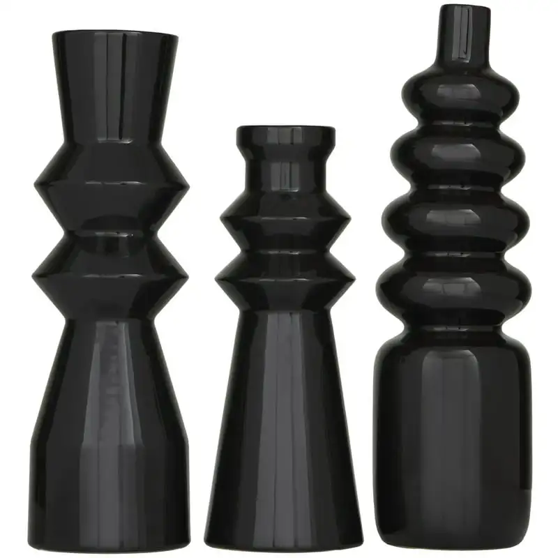 

16", 13"H Black Ceramic Vase with Fluted Designs, Set of 3
