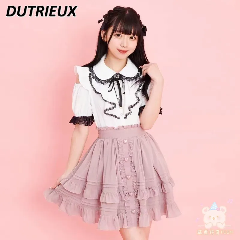 

Japanese Style Women's Skirt Summer Autumn Mass-Produced Casual Skirt Femme Sweet Cute Lace Heart Buckle High Waist Skirt