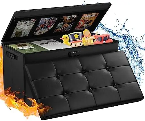 

Fireproof Storage Ottoman with Lock, 30 Inch Foot Rest Stool, Moisture-Proof Bedroom Bench with Handles, Ottoman with Storage fo
