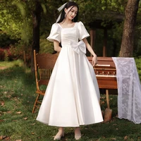 white french satin evening dress womens elegant square neck puff sleeves with bow mid length solid color wedding gowns