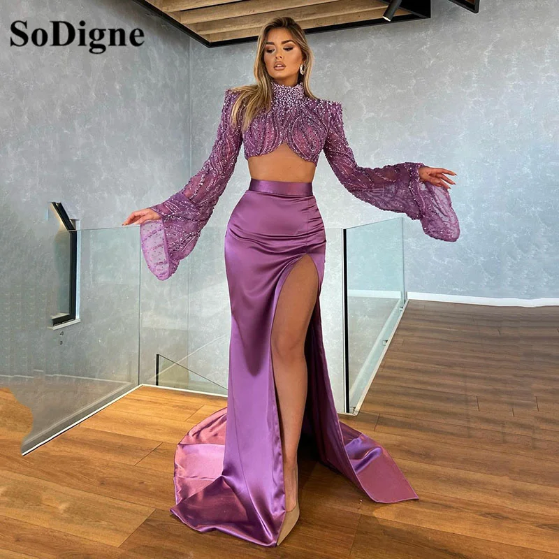 SoDigne Purple Mermaid Evening Dresses Sequined Beads High Neck Long Sleeves Prom Gowns Two Piece Women Formal Party Dress