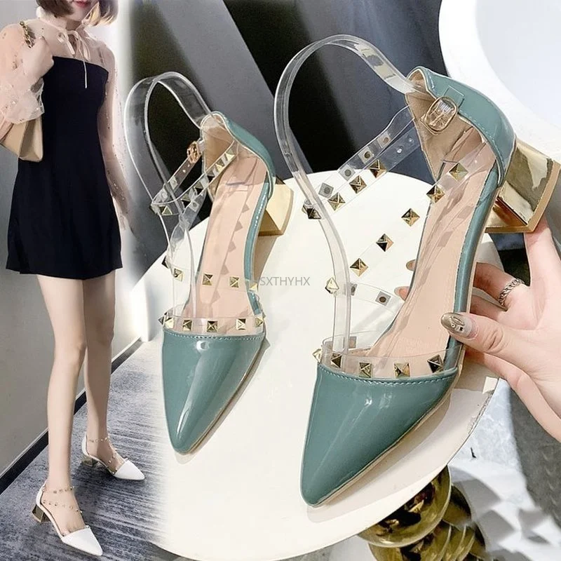 

Rivet Sandals Women's Summer Transparent with Toe Cap Hollow Sexy Roman Pointed Fashion Comfortable Square Heel Women Sandals