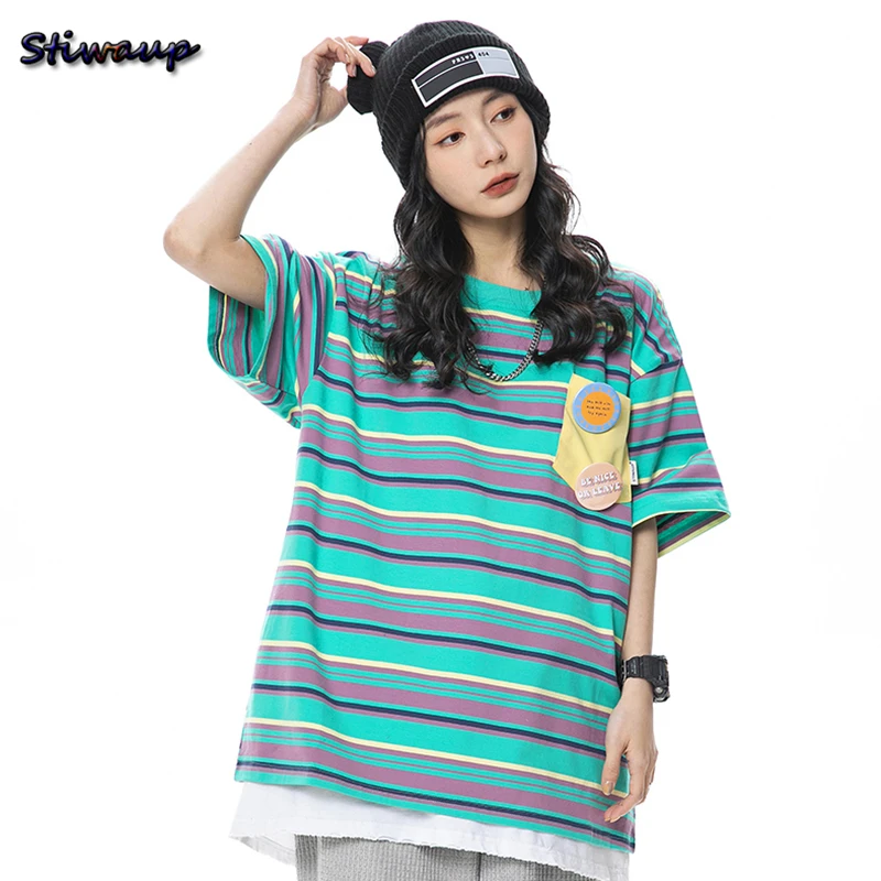 

Men's Trendyol Striped T-shirts with Short Sleeves Summer 2022 Cotton O-neck Badge Loose Womens Fashion Streetwear Tee Shirt Men