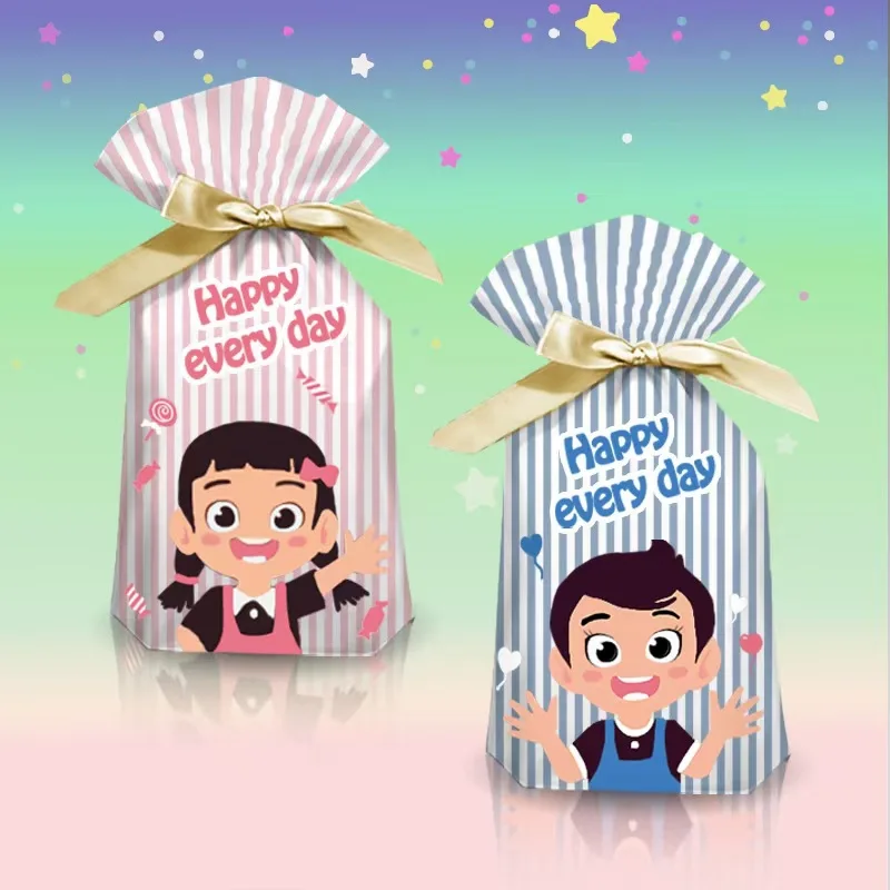 

2022 Colorful Vertical Stripes Cute Cartoon Little Boy Girl Pattern Ribbon Drawstring Bag Baby Shower Dessert Large Bundle Bags