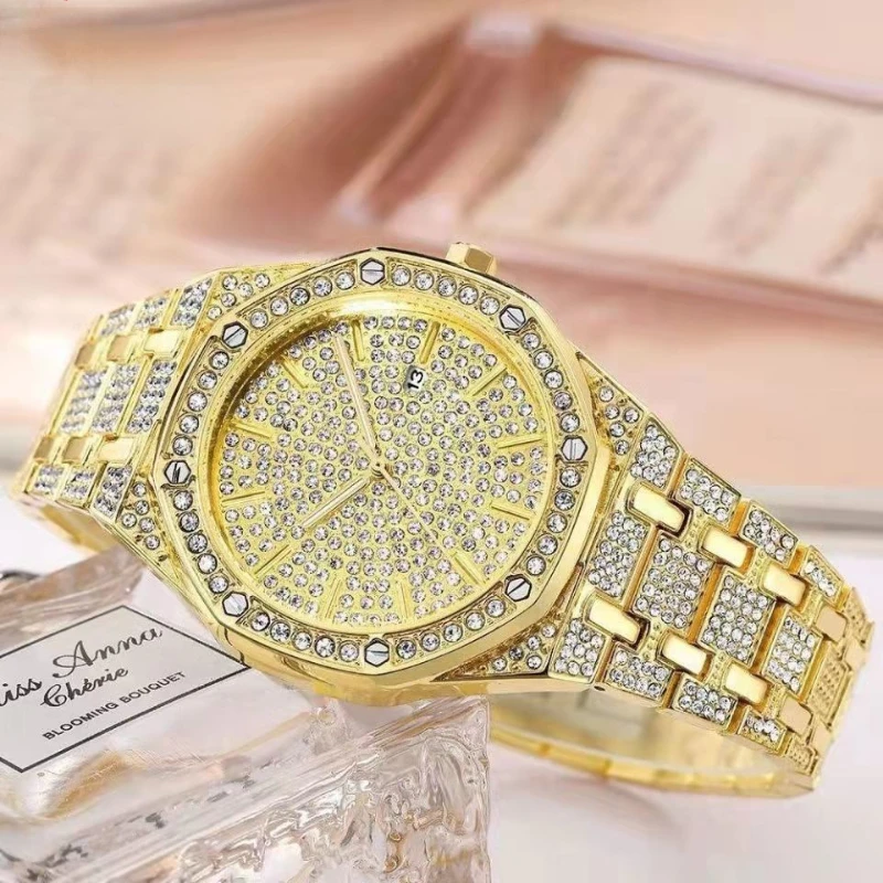 Ladies Watch Bracelet Gold Ladies Watch Luxury AAA Rhinestone Cuban Chain Bracelet Watch Bling Jewelry