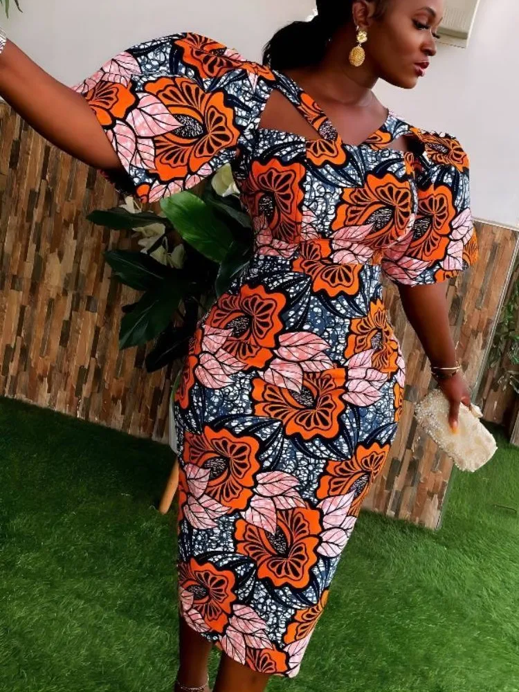 

African Printed Dress For Women 2023 New Fashion Africa Clothes Lantern Sleeve Slim Waist Wrap Hip Summer Dress Vestido Africano