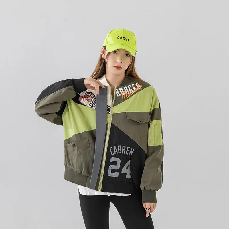 

2022 new colorblock women cool jacket oversized long sleeve loose coat autumn and winter clothes patchwork long casual tops