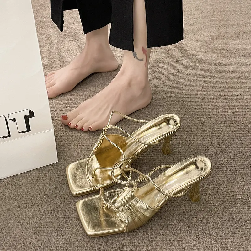 

High-Heeled Shoes Lady Cross-Tied Slippers Casual Slipers Women Med Slides Thin Luxury 2023 Summer PU Sexy Narrow Band Scandals
