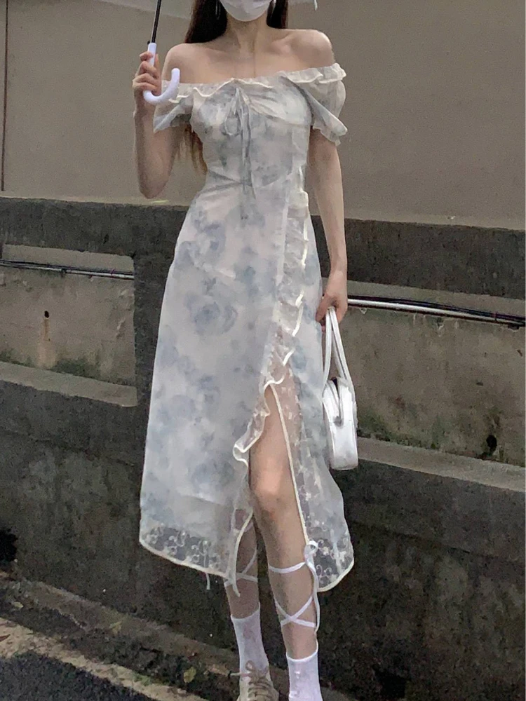 

2022 Summer Korean Fashion Fairy Floral Dress Elegant Short Sleeve Midi Dress Beach Casual Sweet Evening Party Dress Woman Slim