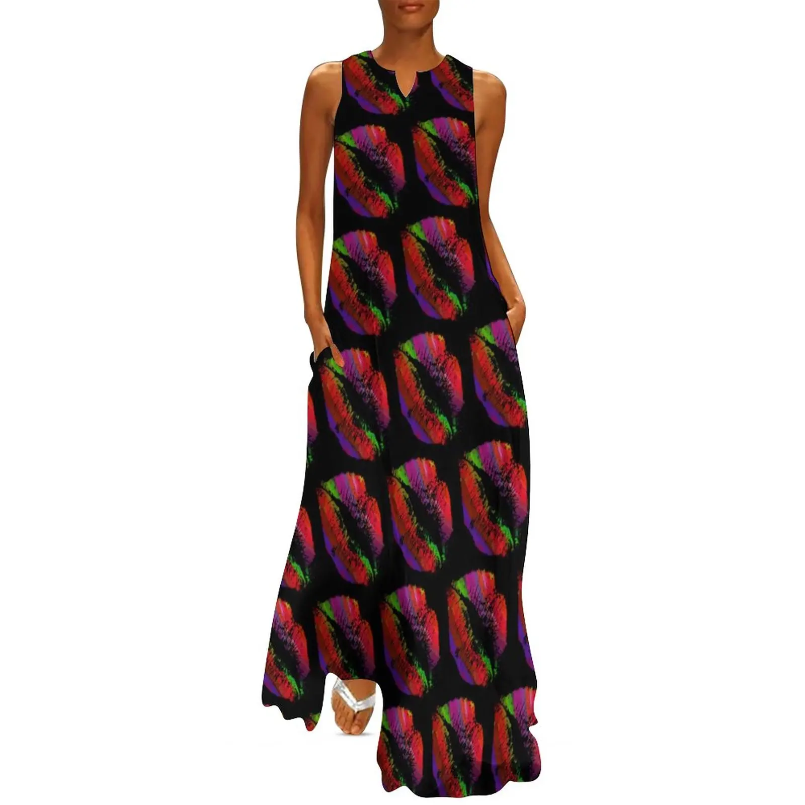 

Colorful Lips Dress Modern Art Print Cute Maxi Dress Aesthetic Casual Long Dresses Summer V Neck Pattern Vestidos Big Size 5XL