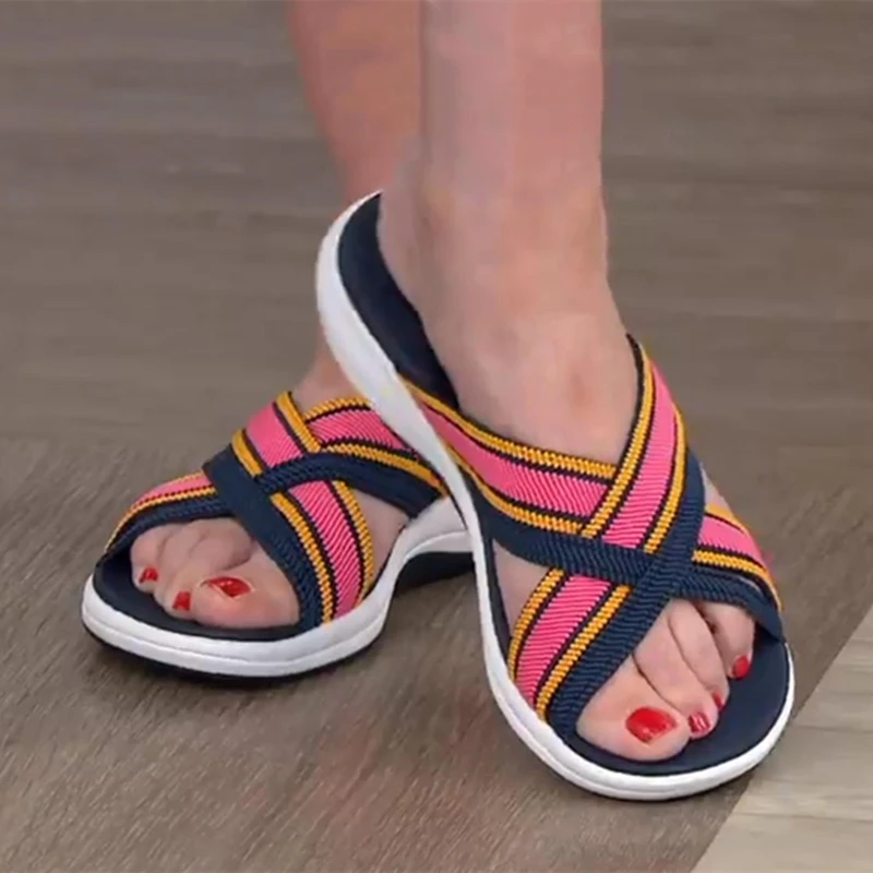 

Summer Women Sandals Outdoor Beach Shoes Flip Flops Mesh Open Toe Stripe Platform Wedges Slipper 2021 Comfortable Soft Loafers