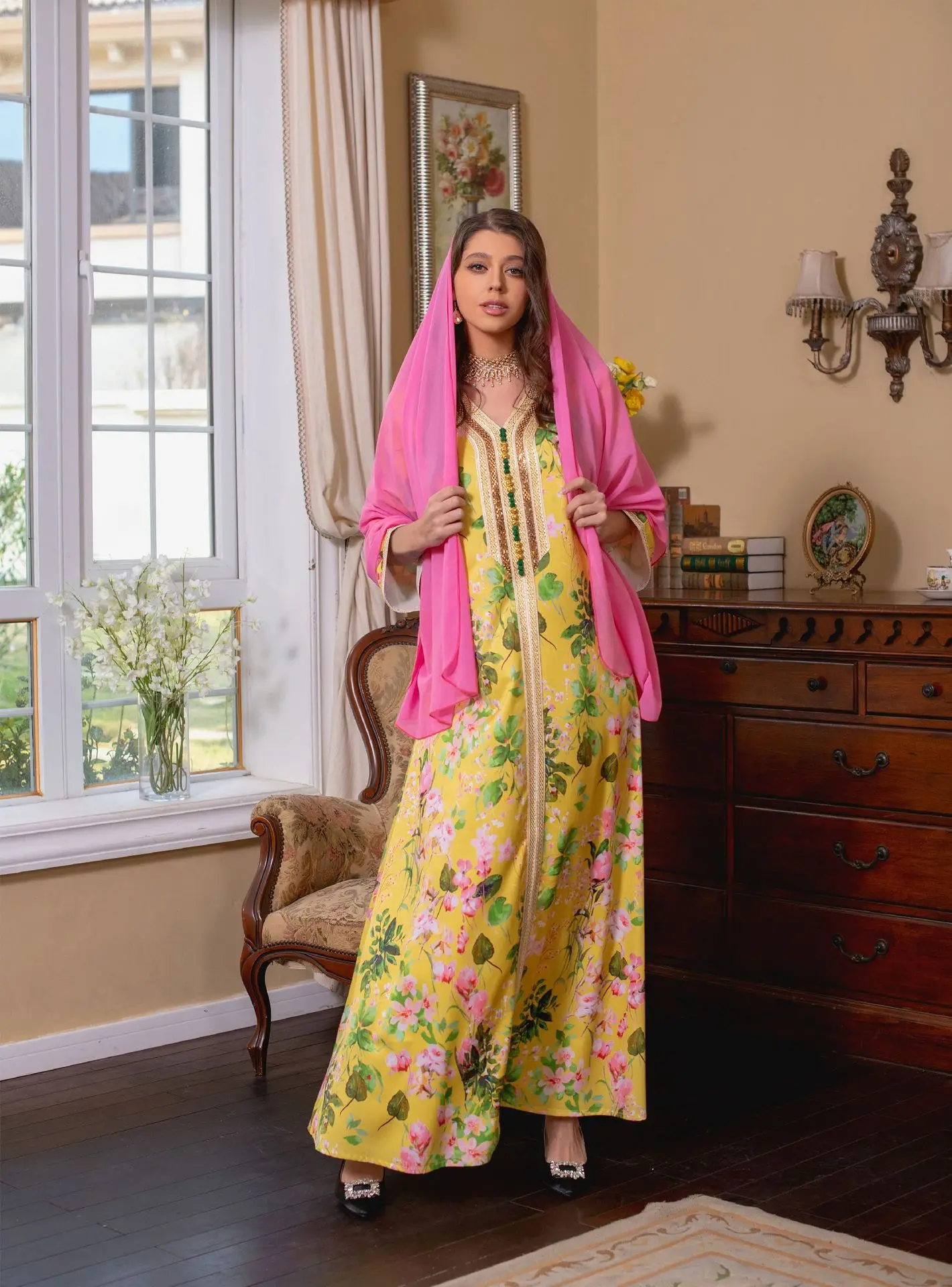Dubai Muslim Fashion Gown Print Hot Diamond Dress Middle East Abaya Islamic Clothing Hijab V-neck Women Ropa Musulmana Mujer