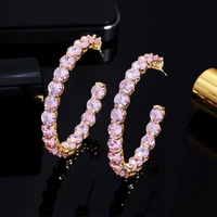 bling ice out round cubic zirconia gold color pink big circle hoop earring for women luxury designer jewelry
