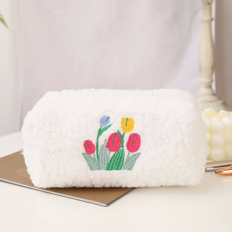

Tulip Embroidered Lambswool Makeup Bag Large Capacity Clutch Cosmetic Organizer Make Up Pouch Student Pencil Bag Stationery Bag