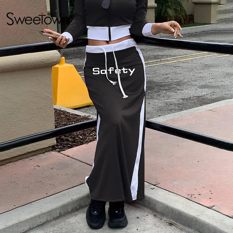 

Sweetown Casual Street Style Long Skirts For Women Letter Contrast Patchwork Drawstring Low Waist College Student Korean Skirt