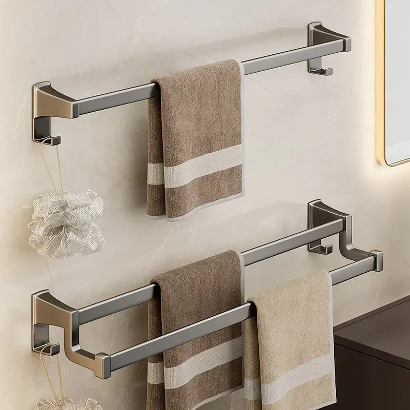 

Towel Rack Single Pole No Punching Bathroom Cool Towel Rail Bathroom Storage Rack Double Layer Gun Gray Towel Hanging Rail