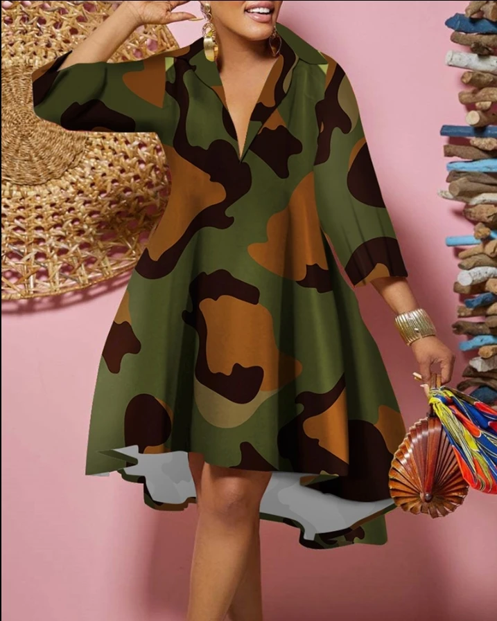 

Dresses for Women 2023 Summer New Casual Fashion Style Commuter Polo Plus Size Camouflage Print Long Sleeve Shirt Dress
