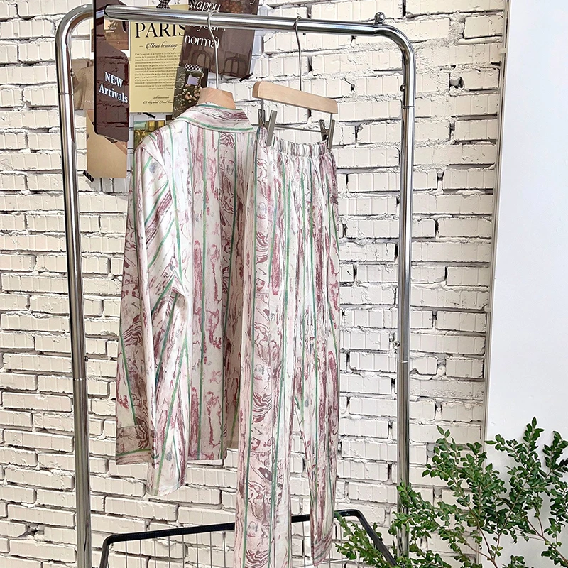 FALLINLAOE Satin Pajamas Set Spring Autumn Home Suit with Pant Women's Print Pijama Silk Sleepwear for Female Pyjamas Lingerie