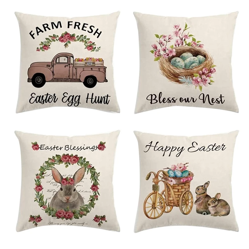 

LBER 4Pcs Easter Pillow Cover 18X18inch,Happy Easter Spring Decor Bunny Carrot Egg Truck Linen Pillowcase Home Decor For Sofa