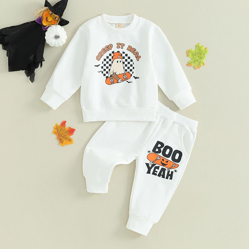 

Детский костюм из 2 предметов для мальчиков, свитшот с длинным рукавом и принтом призраков и спортивные брюки с надписью, наряд на Хэллоуин