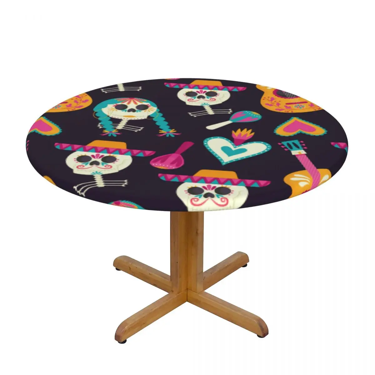 

Round Table Cover Cloth Protector Polyester Tablecloth Dia De Muertos Skull Print Fitted Table Cover with Elastic Edged