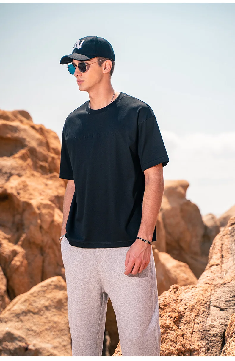 

Мужская шелковая хлопковая Футболка с 3D тиснением и надписью, японская свободная футболка с пятиконечными рукавами и короткими рукавами, ...