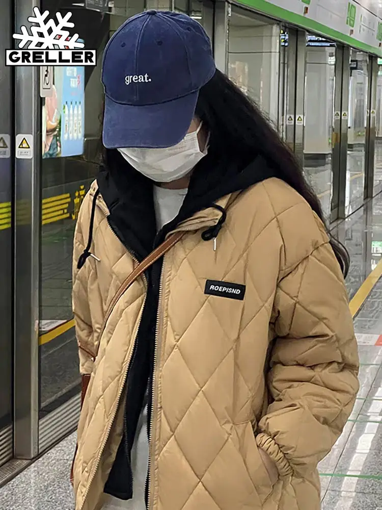 GRELLER Rhombus Pattern Spliced Hooded Parkas Short Women Jacket Winter Coat Cotton Padded Female Baseball Puffer Jacket Clothes
