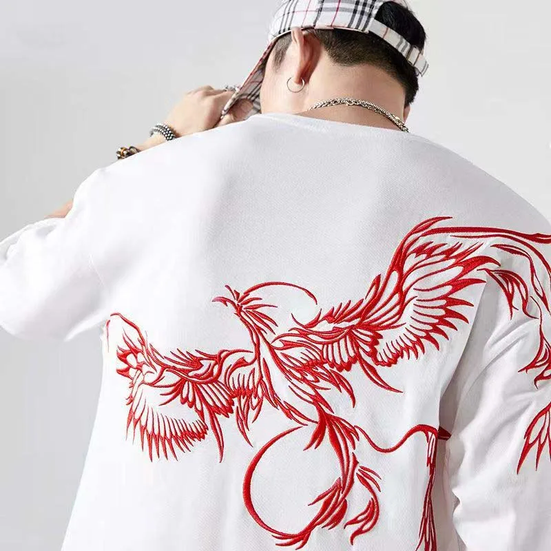 

National Style Half-sleeve Men's And Women's Short-sleeved T-shirt Women's Summer White Loose Large Size Phoenix Embroidery Nati