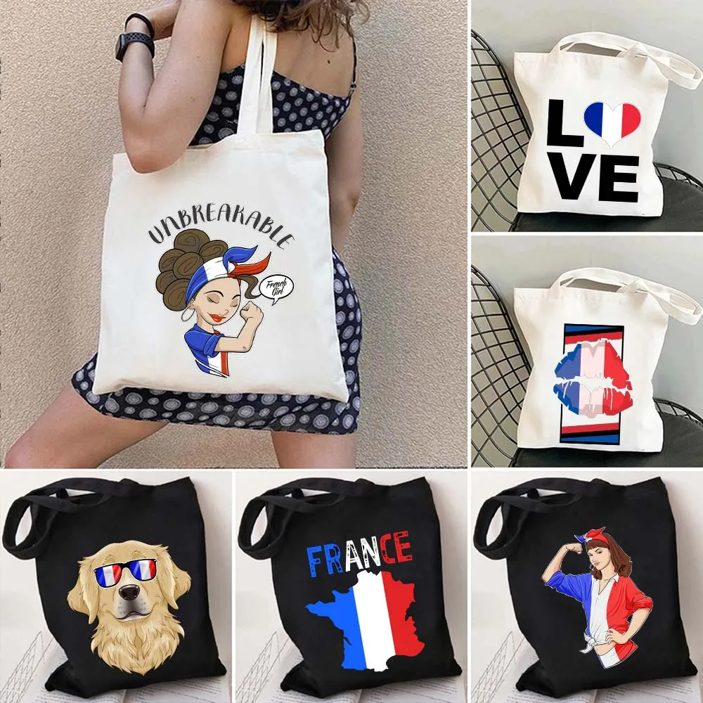

Vintage Paris France Flag Map French Girl Eiffel Tower Retro Travel Saying DNA Shoulder Canvas Totes Bag Shopping Cotton Handbag
