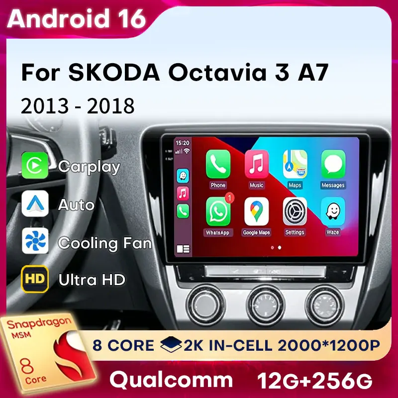 Фото Автомагнитола Android 16 с Carplay для SKODA Octavia 3 A7 2013-2018, GPS, камера 360, стереосистема, 5G WIFI, мультимедиа, DSP, BT №1