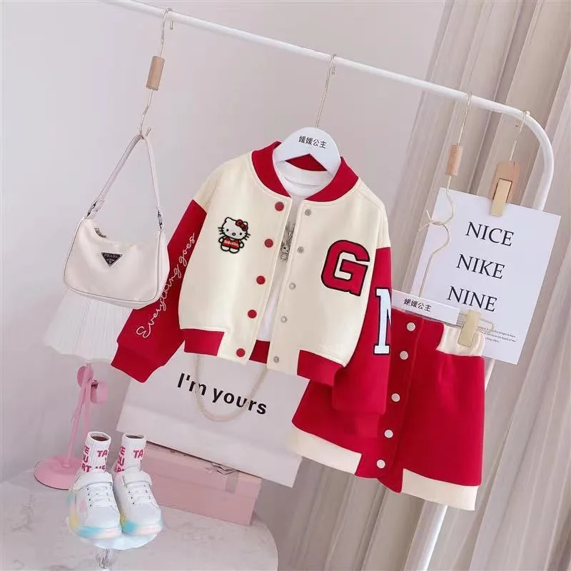 

Anime Sanrio Hellokitty Girls Casual Suits Baseball Jackets+A-Line Skirt Two-Piece Fashion Coat Skirt Outfits Student Jk Uniform
