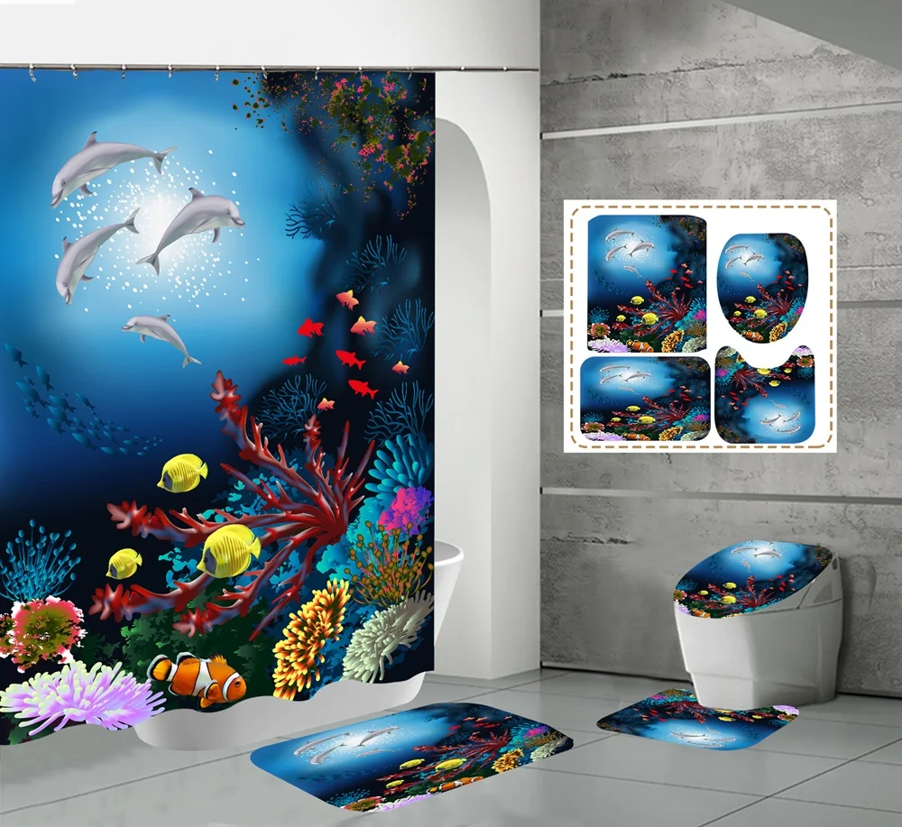 octopus shower curtain set ocean animal landscape waterproof bath curtains starfish blue rug toilet lid cover bathroom mat home free global shipping