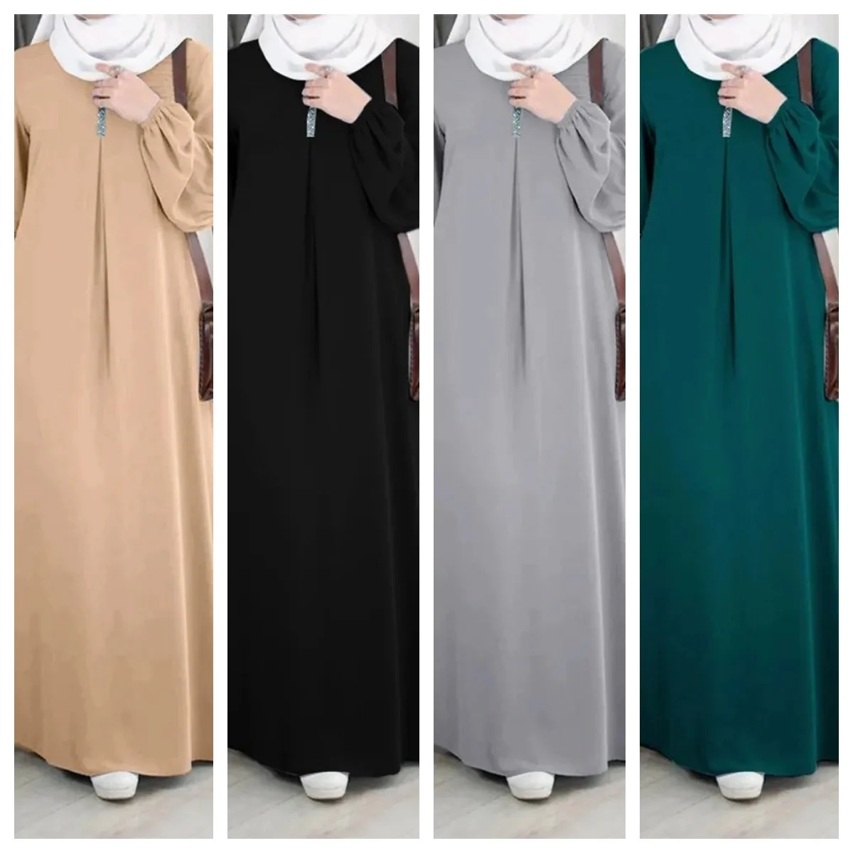 Fashion Muslim Abaya Moroccan Casual Sequins Dress Women Sundress Solid Party Holiday Vestido Long Sleeve Islamic Clothing Eid